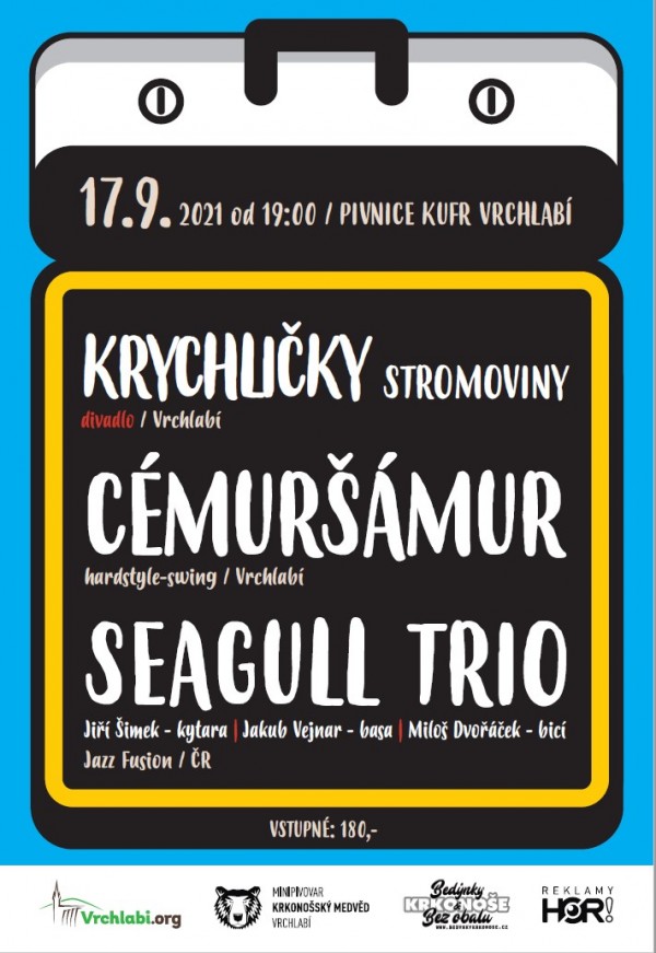 Krychličky, CémurŠámur a Seagull Trio 17. 9. 2021 ve vrchlabském Kufru!