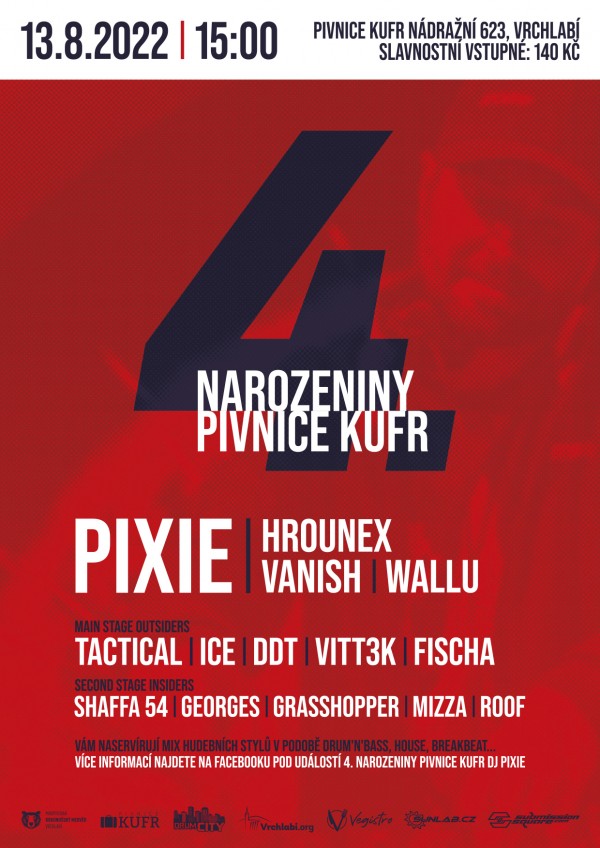4. narozeniny pivnice Kufr a DJ Pixie 13. srpna ve Vrchlabí!